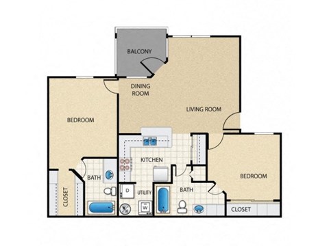 Floor plan for 2 beds, 2 baths, 904 sqft